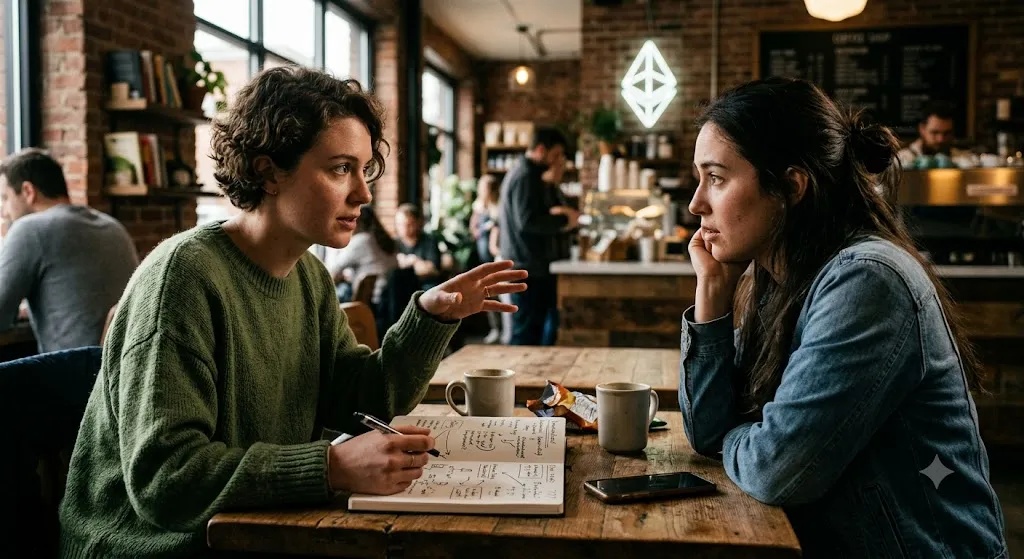 A realistic photograph of two women sitting at a wooden table inside a cozy, bustling coffee shop. The woman on the left, wearing a green sweater, gestures with her hand while holding a pen over an open notebook filled with diagrams, intently explaining a concept. The woman on the right, wearing a denim jacket, listens closely with a thoughtful expression. In the blurred background, a glowing green neon Ethereum diamond logo hangs on a brick wall.
