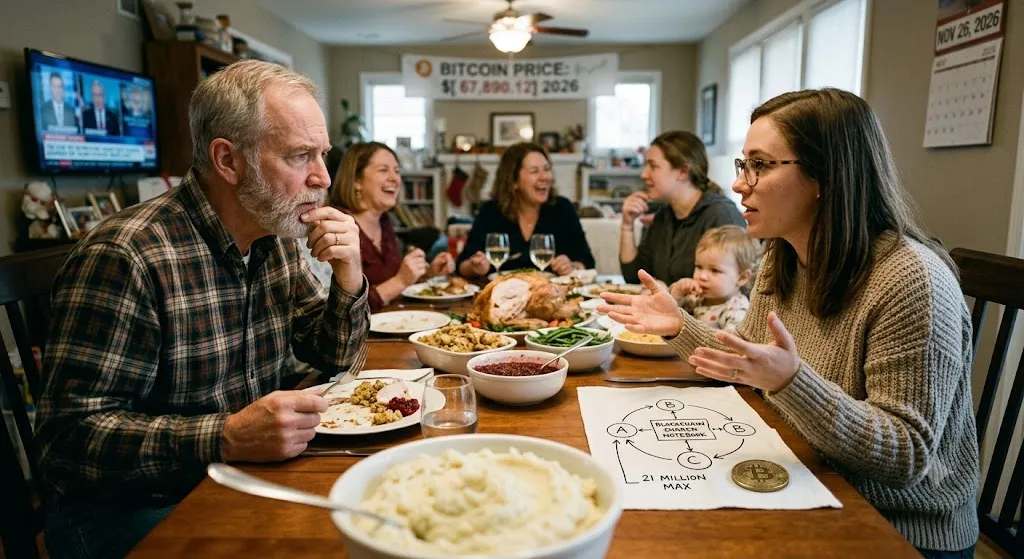 A realistic photograph of a family gathered around a Thanksgiving dinner table, capturing a moment where a young woman with glasses is explaining Bitcoin to her uncle. In the foreground, a large bowl of mashed potatoes sits next to a napkin featuring a hand-drawn diagram titled "Blockchain Shared Notebook," which illustrates a decentralized network with a "21 Million Max" supply cap and a physical Bitcoin coin resting beside it. The older uncle, wearing a plaid shirt, listens intently with a thoughtful expression. In the background, other family members laugh and chat near a turkey platter, while a wall calendar reads November 26, 2026, and a television screen displays financial news.