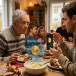 A warm, well-lit Thanksgiving dinner scene where a young man uses his smartphone to explain Bitcoin to an older man in a winter sweater. A digital, holographic Bitcoin symbol with network lines and the text "DIGITAL GOLD" and "21 MILLION" floats above the table between them, surrounded by plates of turkey, mashed potatoes, and holiday food.
