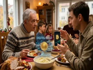 A warm, well-lit Thanksgiving dinner scene where a young man uses his smartphone to explain Bitcoin to an older man in a winter sweater. A digital, holographic Bitcoin symbol with network lines and the text "DIGITAL GOLD" and "21 MILLION" floats above the table between them, surrounded by plates of turkey, mashed potatoes, and holiday food.