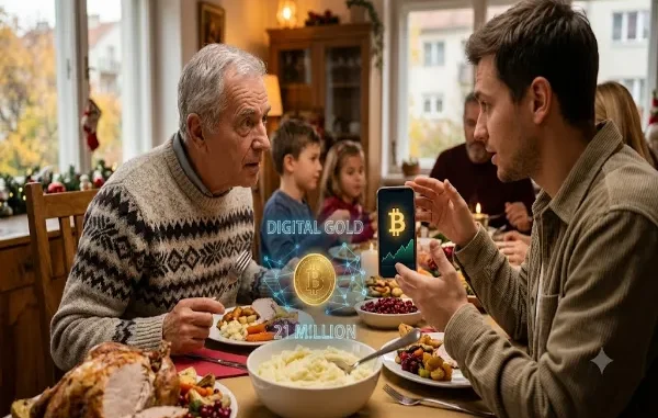 A warm, well-lit Thanksgiving dinner scene where a young man uses his smartphone to explain Bitcoin to an older man in a winter sweater. A digital, holographic Bitcoin symbol with network lines and the text "DIGITAL GOLD" and "21 MILLION" floats above the table between them, surrounded by plates of turkey, mashed potatoes, and holiday food.