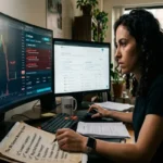 A focused woman at a two-monitor desk with an actual rug pull chart crash and a checklist of warning signs she is checking off, for a crypto trading article.
