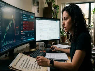 A focused woman at a two-monitor desk with an actual rug pull chart crash and a checklist of warning signs she is checking off, for a crypto trading article.