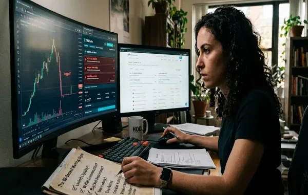 A focused woman at a two-monitor desk with an actual rug pull chart crash and a checklist of warning signs she is checking off, for a crypto trading article.