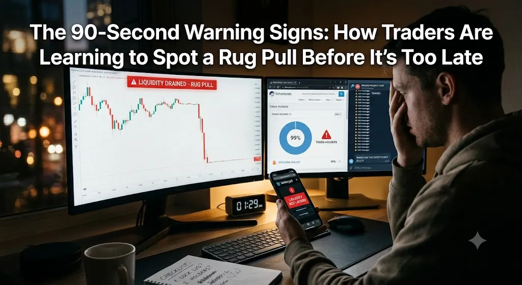 A distressed cryptocurrency trader sits at a desk in front of multiple monitors showing a rug pull in progress. The left monitor displays a sharp downward spike on a candlestick chart labeled 'A LIQUIDITY DRAINED - RUG PULL' and 'Honeypot/Cant sell'. The right monitor shows token holder analytics and multiple error messages. He is holding a smartphone that displays the 'Liquity not locked' warning, while hand-written notes on a notepad show a 'Checklist: 1. LOCK LIQ? 2. HOLDERS?'. The digital clock reads 01:29 AM.