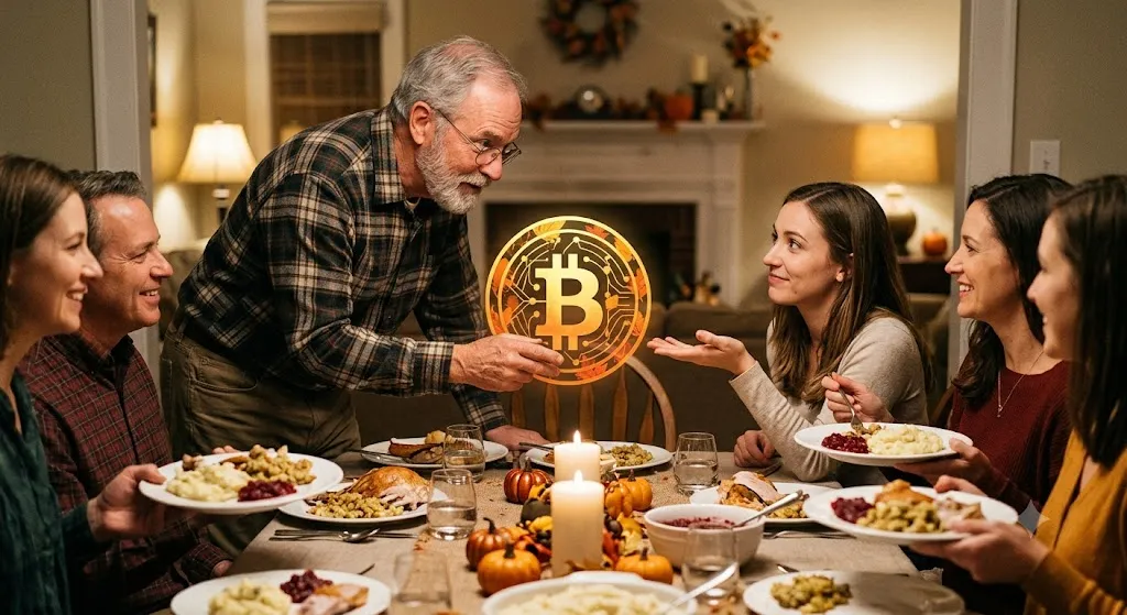 A warm, cozy Thanksgiving dinner scene where an older man in a plaid shirt stands at the table, curiously pointing at a glowing, golden holographic Bitcoin symbol floating above the food. A young woman sitting across from him gestures with her hands as she explains it to him, while other family members watch and smile. The table is filled with traditional holiday dishes like mashed potatoes, turkey, and small decorative pumpkins under soft, candlelit lighting.