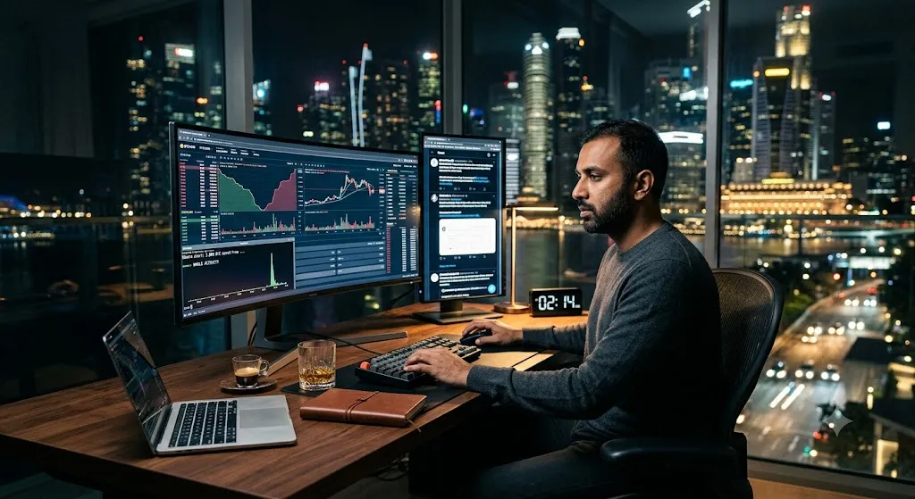 A high-net-worth crypto whale trader analyzing market charts on multiple monitors late at night in a luxury high-rise office overlooking a city skyline.