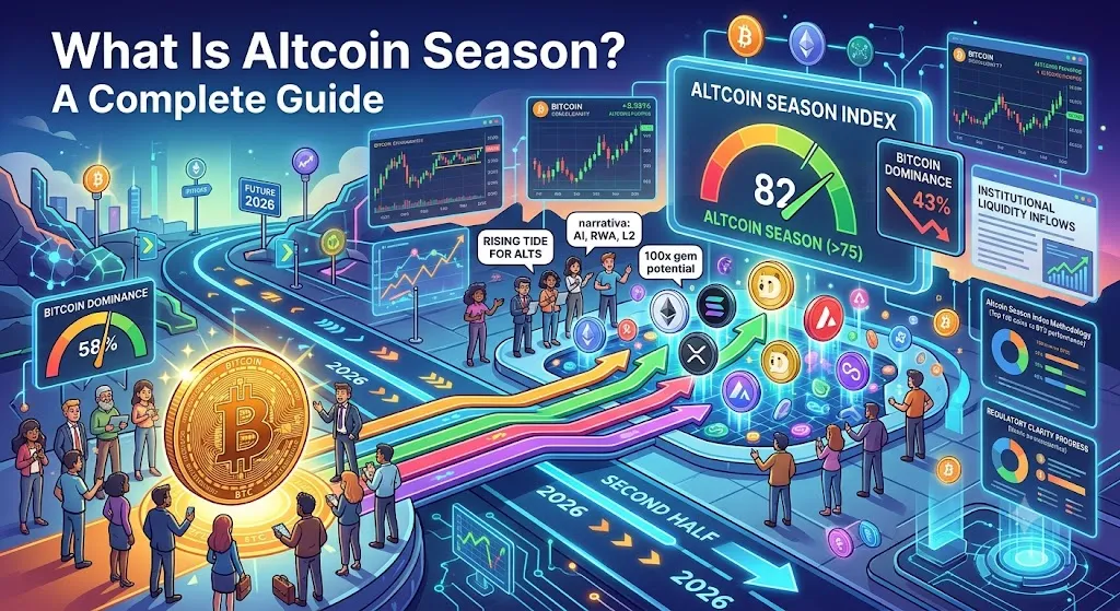 A detailed, futuristic infographic-style illustration titled “What Is Altcoin Season? A Complete Guide.” The image visualizes the transition of capital from Bitcoin to alternative cryptocurrencies in the second half of 2026. On the left, a crowd stands around a giant, glowing gold Bitcoin coin next to a dial showing 58% Bitcoin Dominance. Colorful pathways lead toward the right side of the image, where a diverse group of investors celebrates a massive upward surge of various altcoin tokens (including Ethereum, Solana, and Avalanche). In the top right, a large digital dashboard features the "Altcoin Season Index" gauge pointing to 82, signifying an active altseason, alongside panels showing falling Bitcoin dominance at 43%, institutional liquidity inflows, and regulatory clarity progress charts.