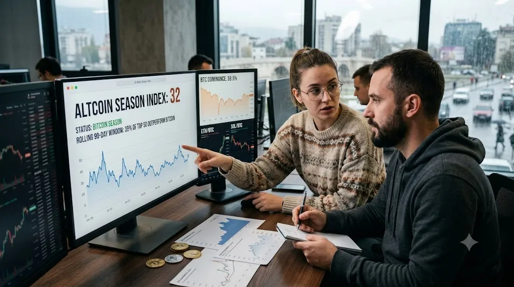 Two cryptocurrency analysts, a woman with glasses and a man with a beard, in a modern office reviewing data on multiple computer monitors. The main screen prominently displays "ALTCOIN SEASON INDEX: 32" with the status "STATUS: BITCOIN SEASON." The woman points to a rising blue line graph on the screen while the man takes notes. Physical cryptocurrency coins, paper charts, and secondary screens showing "BTC Dominance: 59.5%" and trading pairs are visible on the desk.