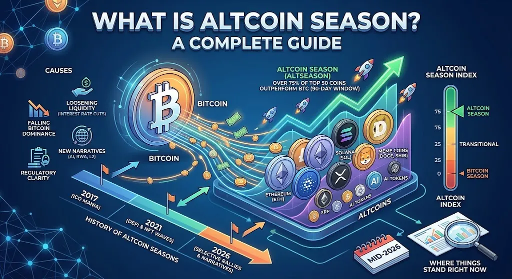 An infographic illustrating cryptocurrency market cycles, titled 'What is Altcoin Season?'. The image is a detailed conceptual diagram with text and charts in a modern blue and purple gradient style.
On the left, a vertical list under 'CAUSES' includes icons and text for: 'FALLING BITCOIN DOMINANCE', 'LOOSENING LIQUIDITY (INTEREST RATE CUTS)', 'REGULATORY CLARITY', and 'NEW NARRATIVES (AI, RWA, L2)'. Below, a timeline charts the 'HISTORY OF ALTCOIN SEASONS', showing key events in 2017 (ICO MANIA), 2021 (DEFI & NFT WAVES), and 2026 (SELECTIVE RALLIES & NARRATIVES).
On the right, a 'ALTCOIN SEASON INDEX' thermometer scale marks 'BITCOIN SEASON' (below 25), 'TRANSITIONAL' (25-75), and a green zone above 75 for 'ALTCOIN SEASON'. In the center, a large, glowing Bitcoin symbol (BTC) is surrounded by text: 'BITCOIN' and 'CAPITAL ROTATES OUT'. Flow lines and rockets point from Bitcoin toward a rising chart and group of other cryptocurrency logos labeled 'ALTCOINS', including: ETHEREUM (ETH), SOLANA (SOL), CARDANO (ADA), XRP, MEME COINS (DOGE, SHIB), AI TOKENS, and SMALLER ALTCOINS. This section is labeled 'ALTCOIN SEASON (ALTSEASON)', with text stating: 'OVER 75% OF TOP 100 COINS OUTPERFORM BTC (90-DAY WINDOW)'. A section at the bottom corner labeled 'WHERE THINGS STAND RIGHT NOW' shows a clock and magnifying glass over small charts, referencing 'MID-2026'. A network of abstract lines and points with small, blurred crypto logos forms the background.