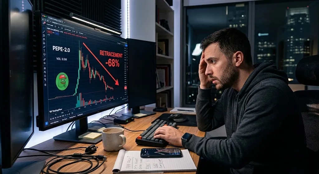 A trader sitting at a dark workstation in distress while looking at a cryptocurrency trading chart showing a sharp decline and loss for a newly launched meme coin.