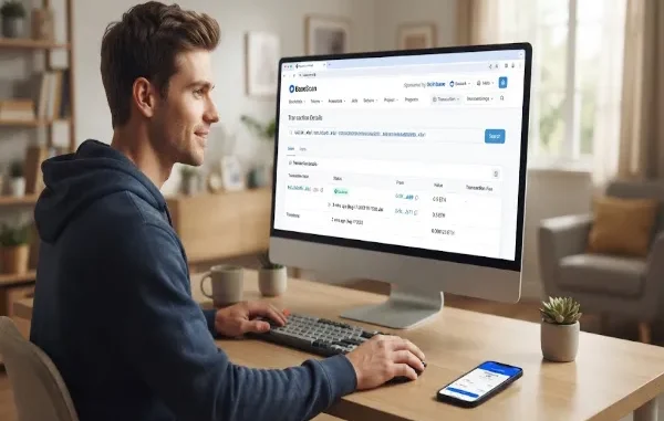 A person sitting at a desk looking at a computer monitor displaying the BaseScan blockchain explorer interface to track crypto transactions.