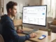 A person sitting at a desk looking at a computer monitor displaying the BaseScan blockchain explorer interface to track crypto transactions.
