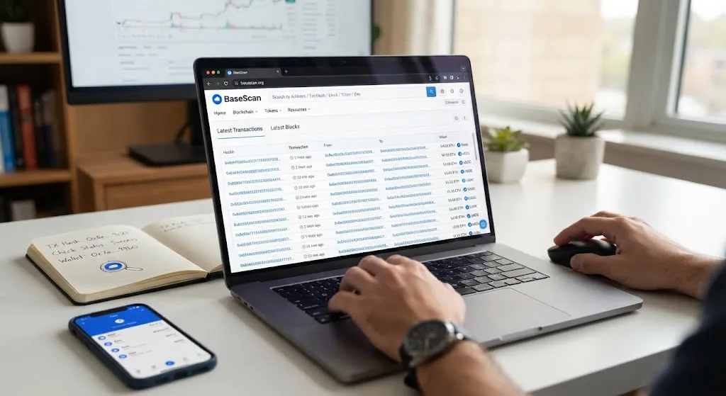 A person using a laptop to view the BaseScan blockchain explorer interface, displaying live transactions, wallet activity, and gas fees on Coinbase's Base network.