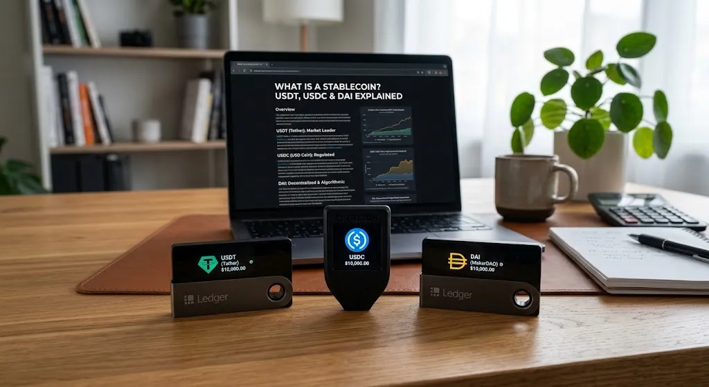 A laptop and crypto hardware wallets displaying Tether (USDT), USD Coin (USDC), and DAI on a wooden desk.