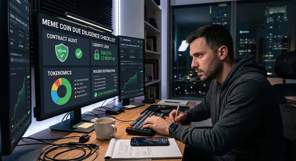 A man in a home office analyzes a "MEME COIN DUE DILIGENCE CHECKLIST" on multiple monitors, featuring metrics for "CONTRACT AUDIT," "LIQUIDITY LOCK," "TOKENOMICS," and "HOLDER DISTRIBUTION."