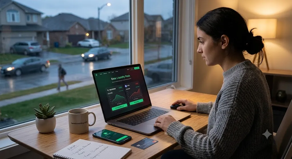 A person at a desk interacting with a crypto liquidity pool dashboard on a laptop, illustrating the concept of a liquidity provider in decentralized finance.