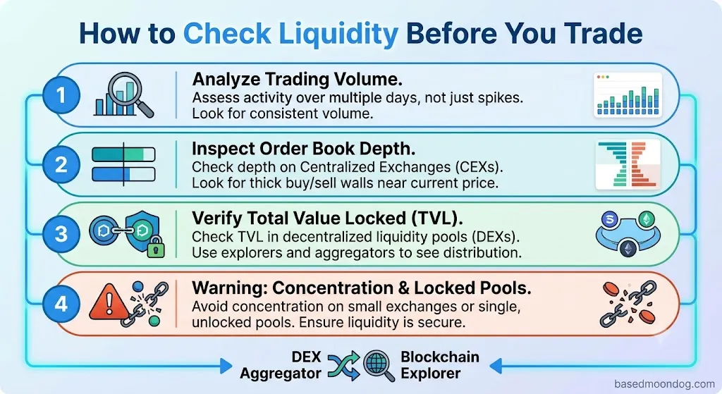 A step-by-step checklist diagram outlining how to verify crypto liquidity across trading volume, order books, TVL, and pool lock security before making a trade.