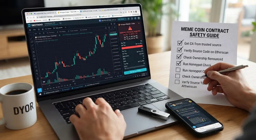 A person working on a laptop displaying a cryptocurrency chart on a DEX interface, with a printed safety checklist next to the computer reading "Meme Coin Contract Safety Guide" and a smartphone displaying a crypto community group.