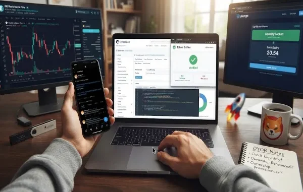 A first-person workspace view of a trader checking a meme coin contract across multiple monitors, showing Etherscan source code, Token Sniffer verification, a liquidity lock checker, and a DEXTools price chart, alongside a smartphone displaying X posts and a notepad with DYOR notes.