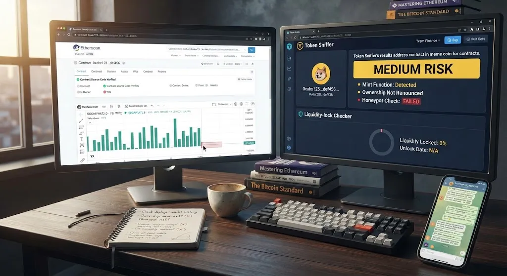 A desk setup displaying dual computer monitors running token analysis tools like Etherscan, a DEX chart, and a Token Sniffer warning screen, alongside a smartphone, a notebook with crypto checklist notes, and financial books.