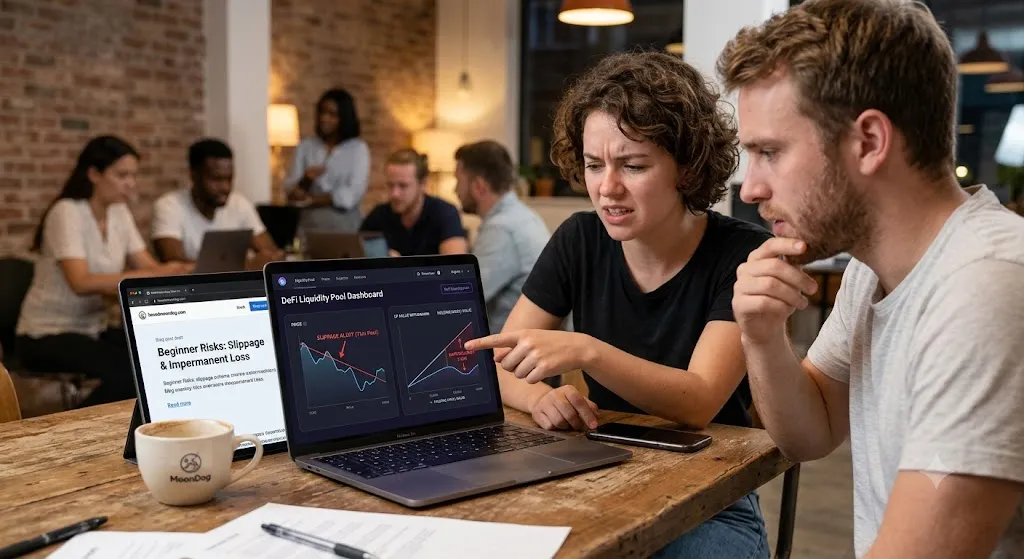 Traders looking concerned while analyzing crypto slippage and impermanent loss charts on a laptop in a co-working space.
