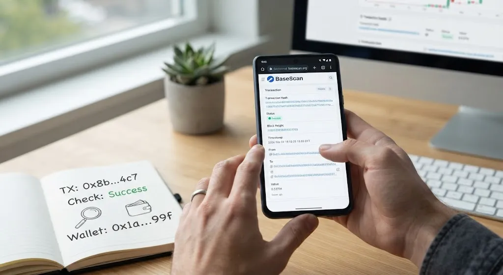 A person holding a smartphone to view a confirmed cryptocurrency transaction on the BaseScan mobile interface, sitting at a desk with a notebook.