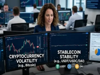 A visual comparison on dual monitors showing volatile Bitcoin price charts next to a steady $1 stablecoin line graph featuring USDT, USDC, and DAI logos.