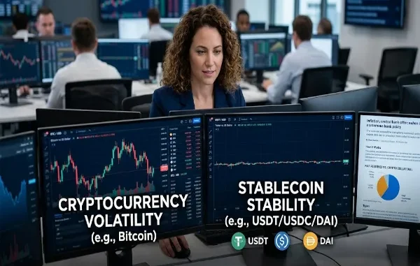 A visual comparison on dual monitors showing volatile Bitcoin price charts next to a steady $1 stablecoin line graph featuring USDT, USDC, and DAI logos.