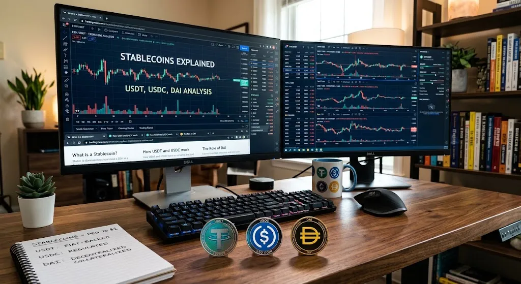 Dual monitor setup displaying cryptocurrency trading charts and a stablecoins article, with physical USDT, USDC, and DAI coins standing on a wooden desk alongside a notepad explaining pegged digital currencies.
