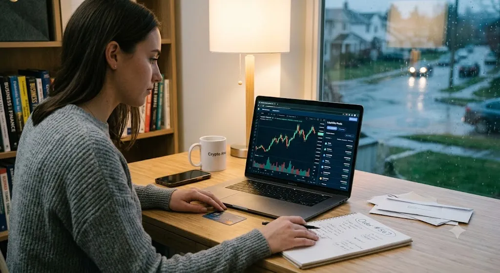 A person analyzing cryptocurrency trading volume and liquidity pool analytics on a laptop.