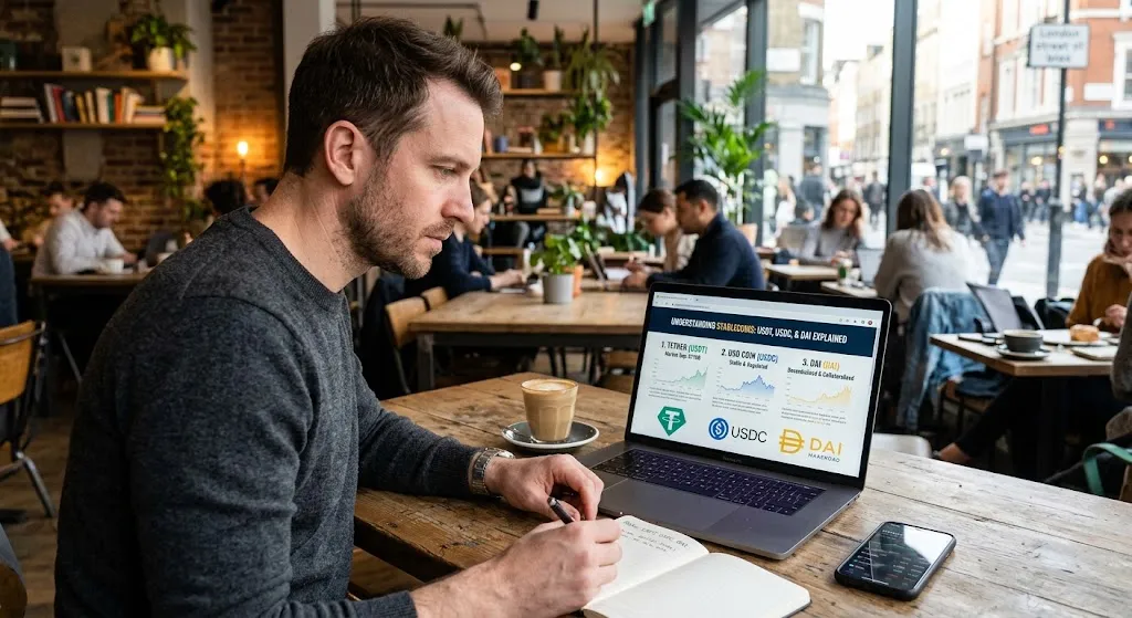 A man sitting at a wooden café table, reading an educational article titled "Understanding Stablecoins: USDT, USDC, & DAI Explained" on his laptop while taking notes in a notebook.