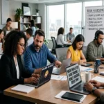 Professionals in a modern office analyzing crypto market charts and risk factors on laptops with a whiteboard displaying meme coin trading warnings.