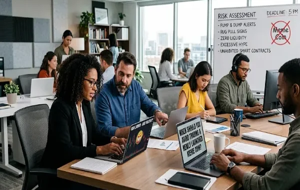 Professionals in a modern office analyzing crypto market charts and risk factors on laptops with a whiteboard displaying meme coin trading warnings.