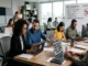 Professionals in a modern office analyzing crypto market charts and risk factors on laptops with a whiteboard displaying meme coin trading warnings.