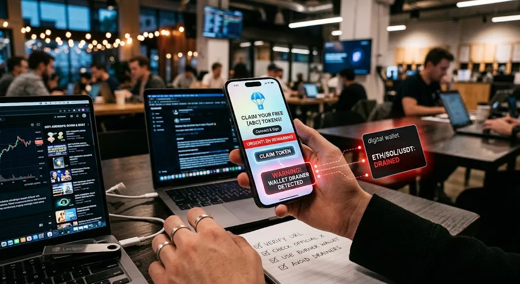 An over-the-shoulder view shows hands with a phone and a checklist in a cafe, with a "Wallet Drainer" warning and a "Drained" wallet on screen. This close-up highlights security precautions.