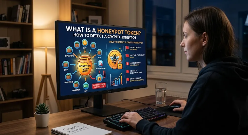 A woman sitting at a desk in a dimly lit room, studying a computer monitor that displays an infographic titled "What Is a Honeypot Token? How to Detect a Crypto Honeypot." The screen illustrates a crypto honeypot mechanism showing investors buying tokens but being unable to withdraw or sell, along with detection tips like checking contract verification and locked liquidity.