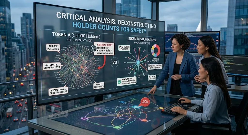 A realistic photograph captures three financial analysts, all women in business casual attire, working late in a high-rise office overlooking a city skyline. They are gathered around a large interactive screen and table displaying a complex, text-heavy infographic titled "CRITICAL ANALYSIS: DECONSTRUCTING HOLDER COUNTS FOR SAFETY." The screen details a comparison between "TOKEN A" (50,000 holders) and "TOKEN B" (5,000 holders) to illustrate why a high holder count doesn't mean safety. A red "CRITICAL ALERT" box emphasizes, "High Holder Count ≠ Safety," listing contributing factors like "AIRDROP POLLUTION," "AUTOMATED SPAM WALLETS," "PROMOTIONAL DUST TRANSFERS," and "SMALL PURCHASES." The alternative view highlights "WHALES & CEX CONTROL" and features like "EARLY STAKING PARTNERS" and "MEANINGFUL PURCHASES (>1 ETH equivalent)," concluding with a green checkmark indicating "WHAT MATTERS: Economic Distribution of Meaningful Holdings." At the lower interactive table, a 3D data visualization graph of wallet connections is present, with one analyst pointing to a node marked with a "WHALE CONTROL" bubble. Other monitors with charts are visible in the background, all rendered realistically.