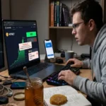 A stressed young male trader wearing glasses sits at his desk, looking intently at a laptop screen displaying a "Transaction Error: Selling is disabled by contract" message while attempting to sell a rising cryptocurrency token.