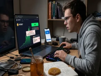 A stressed young male trader wearing glasses sits at his desk, looking intently at a laptop screen displaying a "Transaction Error: Selling is disabled by contract" message while attempting to sell a rising cryptocurrency token.