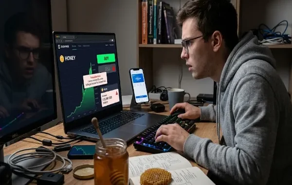 A stressed young male trader wearing glasses sits at his desk, looking intently at a laptop screen displaying a "Transaction Error: Selling is disabled by contract" message while attempting to sell a rising cryptocurrency token.