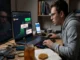 A stressed young male trader wearing glasses sits at his desk, looking intently at a laptop screen displaying a "Transaction Error: Selling is disabled by contract" message while attempting to sell a rising cryptocurrency token.