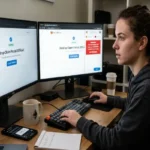 A side-by-side view on two monitors showing two contrasting crypto airdrop pages: one a verified official portal and the other a deceptive scam site with a large red warning pop-up alert about a potentially dangerous "wallet drainer." A user sits at the desk, actively analyzing the two screens, with her wallet on her phone nearby and a notebook titled "Verify URL" as part of her security check process.