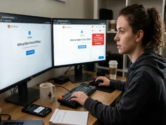 A side-by-side view on two monitors showing two contrasting crypto airdrop pages: one a verified official portal and the other a deceptive scam site with a large red warning pop-up alert about a potentially dangerous "wallet drainer." A user sits at the desk, actively analyzing the two screens, with her wallet on her phone nearby and a notebook titled "Verify URL" as part of her security check process.
