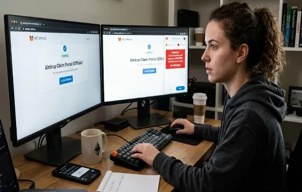 A side-by-side view on two monitors showing two contrasting crypto airdrop pages: one a verified official portal and the other a deceptive scam site with a large red warning pop-up alert about a potentially dangerous "wallet drainer." A user sits at the desk, actively analyzing the two screens, with her wallet on her phone nearby and a notebook titled "Verify URL" as part of her security check process.