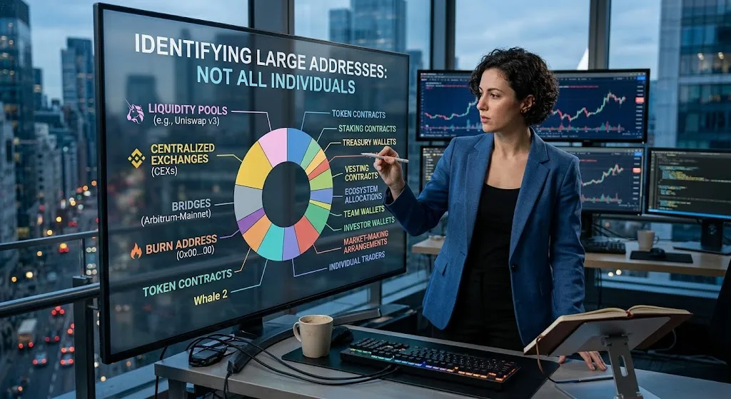 A realistic photo of a professional woman analyst in a high-rise office at dusk, with a cityscape background. She is interacting with a large touch screen that displays an information breakdown for analyzing cryptocurrency token holders. A detailed pie chart is labeled with text such as "IDENTIFYING LARGE ADDRESSES: NOT ALL INDIVIDUALS" and "Liquidity Pools (e.g., Uniswap v3)," "Centralized Exchanges (CEXs)," "Burn Address," and "Token Contracts." Smaller secondary monitors show complex trading charts. The overall style is modern, professional, and data-centric.