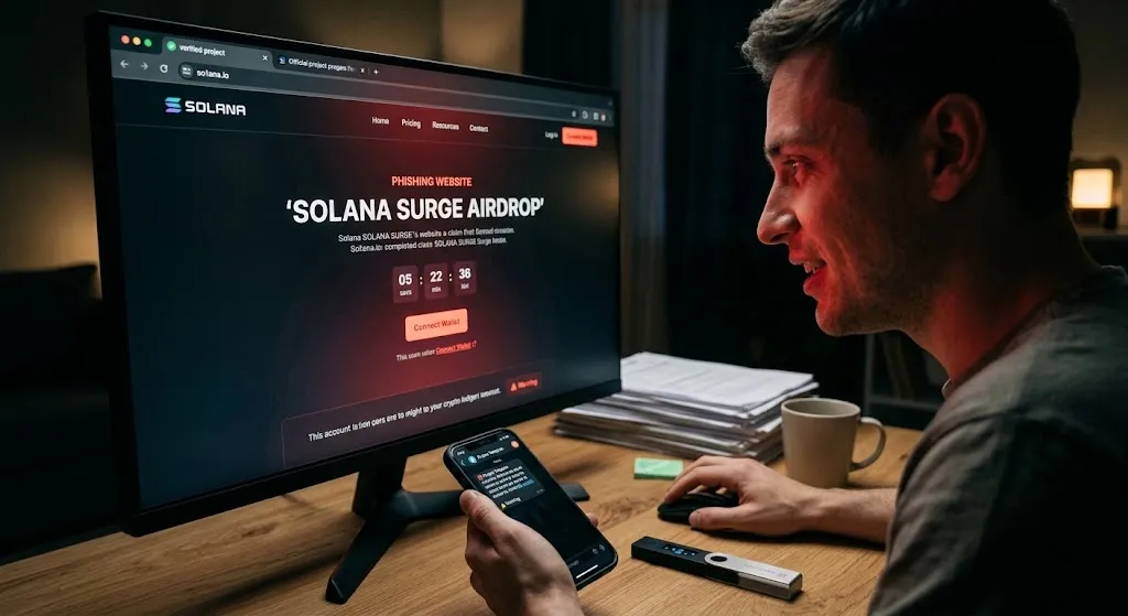 A focused man at a desk staring intensely at a computer monitor showing a high-urgency crypto airdrop claim website with a countdown timer and "Connect Wallet" button, holding a smartphone while a hardware crypto wallet lies nearby.