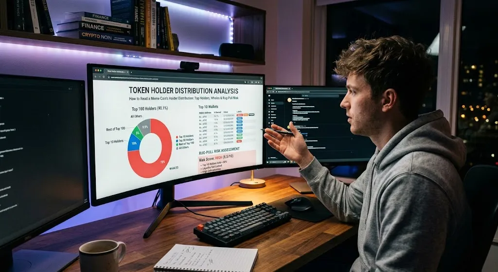 A realistic photograph of a young trader analyzing a meme coin’s holder distribution on his computer workstation at night. The main monitor displays a visual breakdown dashboard titled "Token Holder Distribution Analysis" with a bright red doughnut chart highlighting high whale concentration, a table of top wallet addresses, and a highlighted "Rug-Pull Risk Assessment" box scoring the risk level as "HIGH." The desk features dual monitors, a mechanical keyboard, a notebook, and soft ambient RGB backlighting in a modern workspace setting.