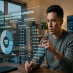 An analyst interacting with a glowing futuristic interface showing meme coin holder distribution, including a token breakdown donut chart, top 10 wallet rankings, percentage shares, and risk warning tags like Whale, Connected Funding, Contract Address, and Liquidity Pool.
