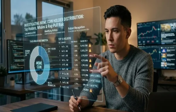 An analyst interacting with a glowing futuristic interface showing meme coin holder distribution, including a token breakdown donut chart, top 10 wallet rankings, percentage shares, and risk warning tags like Whale, Connected Funding, Contract Address, and Liquidity Pool.